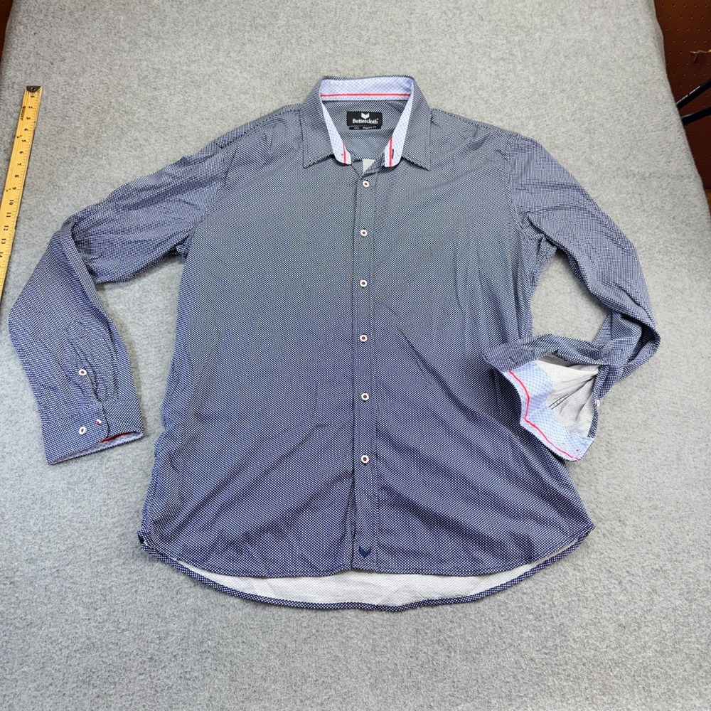 Buttercloth Men's Button Up Shirt 3XL Regular Fit Navy Patterned Flip Cuff *READ